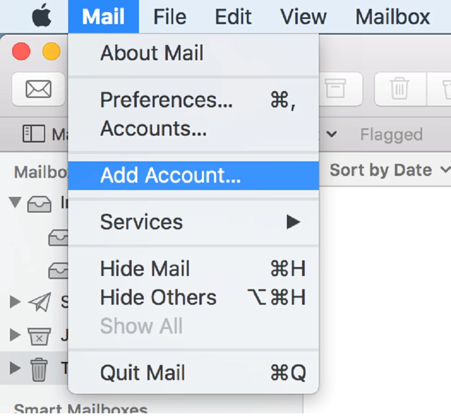 Odprite poštni odjemalec in v orodni vrstici Mail izberite Add Account