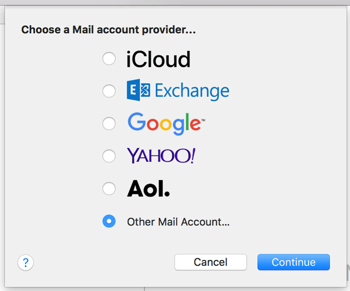 V okvirju, ki se prikaže, izberite Other Mail Account… in kliknite Continue